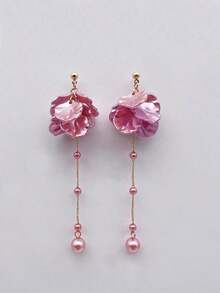 1 Pair Korean Ethereal Floral Petal Pearl Tassel Earrings, Elegant Girlish Cute Earrings - 白色 - 查看 7