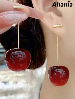 Ahania Brincos de Cereja Vermelho Pingente de Frutas Brinco Longo Cereja com Pino Dourado Fofa Bijuteria Femenina