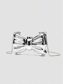 1 chiếc túi xách nơ kim loại mạ điện Acrylic mini, đa chức năng trang trí thời trang cho phụ nữ, đựng đồ trang sức/tai nghe, quà tặng cho phụ nữ, thích hợp cho ngày lễ tình nhân, tiệc tùng, đám cưới, hẹn hò, làm túi đeo vai/đeo chéo, ví đựng tiền xu thanh lịch cho phụ nữ - Bạc - Xem 2