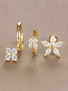 3 件套不锈钢锆石花朵耳环套装，女士适用，18K 镀金防过敏耳屏耳轮圈耳钉软骨穿孔饰品，适合日常佩戴 - Gold-2# - 查看 2