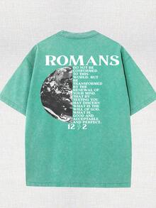 Earth Religious Cross With Retro Design Christian Jesus Printed Retro Washed T-Shirt, 230G, Retro Street Style. Simple And Versatile, Pure Cotton Is Of High Quality, Novel And Fashionable, And It Is A Must-Have Fashion T-Shirt For Spring And Summer. - 綠色 - 查看 2