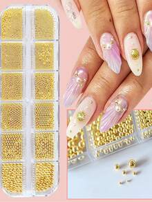 12 griglie/scatola Charm per unghie in metallo argento, oro e oro rosa, 6 dimensioni di perline di lusso piccole in acciaio per decorazioni di unghie, chiodi d'arte, accessori per unghie, gemme per unghie fai-da-te - Multicolore - Visualizzare 2