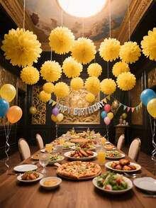 9pcs Yellow Paper Flower Balls, Creative Paper Flower Balls ,Paper Ball Hanging Paper Flower Balls,Tissue Flowers Ball Hanging Decoration, Paper Bubble Ball Hanging Paper Flower Ball Decorations, Wedding Party Celebration Event Decorations - Yellow - View 8