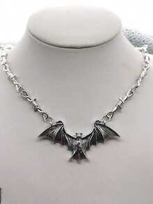 1Pc Fashionable Bat-Shaped Irregular Chain Gothic Punk Style Silver Alloy Pendant Necklace For Women's Halloween Party Daily Wear Gift - 銀色 - 查看 1