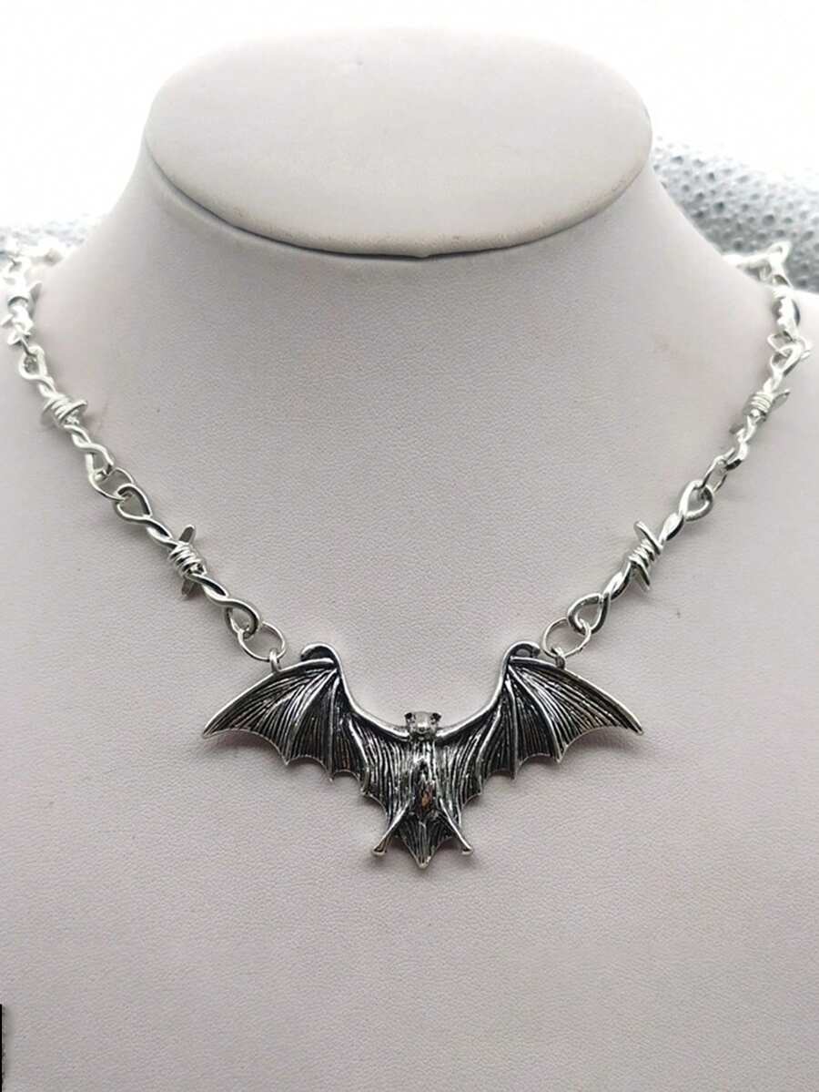 1Pc Fashionable Bat-Shaped Irregular Chain Gothic Punk Style Silver Alloy Pendant Necklace For Women's Halloween Party Daily Wear Gift - 銀色 - 查看 1