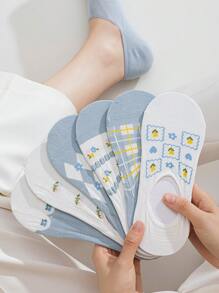 6 Pairs Of Women's Socks, Light Blue Fresh Geometric Floral Women's Boat Socks, Low Top Invisible Socks, Daily Casual Wear