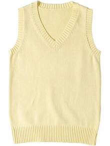 Blostirno Women's Sweater Vest JK Uniform Kint Vests Solid Classic Sleeveless Pullover Sweaters Tops - 黃色 - 查看 1