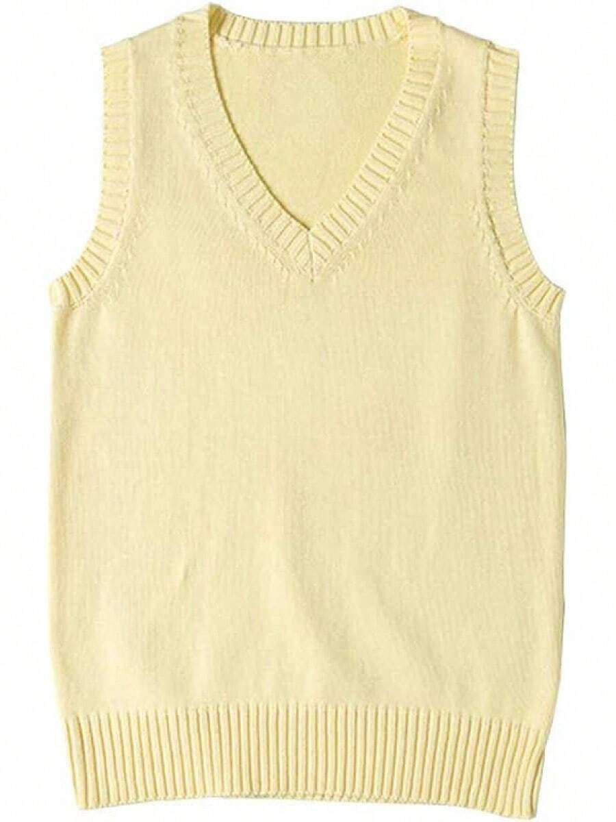Blostirno Women's Sweater Vest JK Uniform Kint Vests Solid Classic Sleeveless Pullover Sweaters Tops - 黃色 - 查看 1