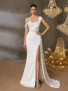 Faeriesty Elegant Sophisticated Satin Asymmetric Maxi Dress With Sequin-Embellished Shoulder & Fish-Tailed High-Waisted Slit | Dramatic Evening Look For Galas, Parties Or Luxury Events, Formal, Party Dress, Gown, For Wedding Guest - 白色 - 查看 1
