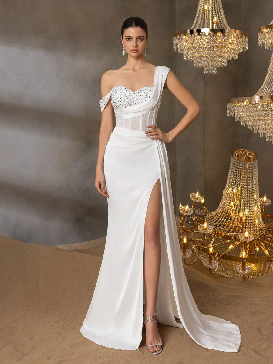 Faeriesty Elegant Sophisticated Satin Asymmetric Maxi Dress With Sequin-Embellished Shoulder & Fish-Tailed High-Waisted Slit | Dramatic Evening Look For Galas, Parties Or Luxury Events, Formal, Party Dress, Gown, For Wedding Guest - 白色 - 查看 1