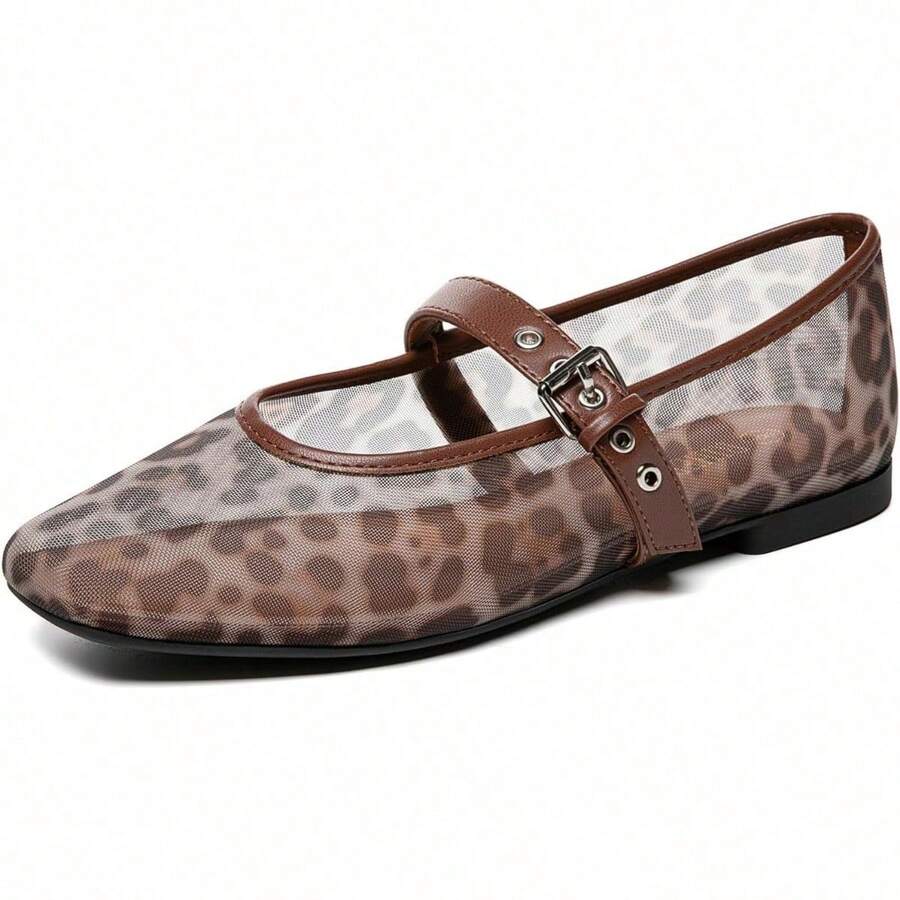 Rihero Zapatos Elegantes De Mujer Mary Jane Flats Breathable Mesh Square Toe Adjustable Buckle Strap Ballet Shoes Cushioned Insole All Day Comfort - 豹 - 查看 1