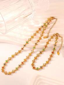 1set MiDuoDuo European & American Style Colorful Zirconia & Chain Link Design Stainless Steel Jewelry Set, Fashion - Dopamine Necklace Set - View 8