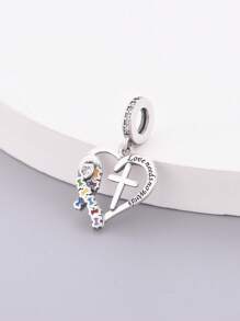 HuooNew Una pieza de plata de ley 925 con un diseño elegante, incrustada con circonita, con formas de corazón, cruz, rompecabezas de colores y lazo, con el mensaje "El amor no necesita palabras", una perla DIY, joyería para mujer, joyería de plata para uso diario y como recuerdo