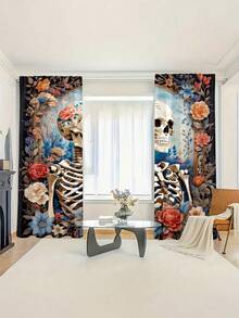 2 件骷髅图案半遮光窗帘，数码印花涤纶，带杆套，可水洗，适用于客厅、卧室、厨房、墙面装饰，四季皆宜 - 彩色 - 查看 6