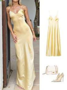 Women's Summer Fashion Satin Sleeveless Sexy Dress - Yellow - View 1