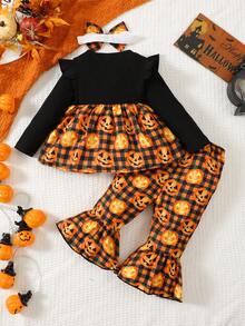 New Baby Girl Long Sleeved Round Neck Butterfly Bow Halloween Print Dress Paired With Full Print Minimalist Long Pants Headband Three Piece Set - 黑色 - 查看 2