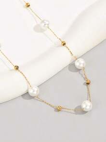 18k Gold Plated 1pc Stainless Steel Beaded Necklace, Suitable For Daily Wear And Holiday Gifts For Friends - 彩色 - 查看 3