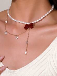 1pc Elegant Faux Pearl, Cubic Zirconia Flower & Bow Design Necklace, Suitable For Women's Daily Wear, Weddings, Engagements, Parties, Gift