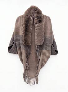 1pc Women's New Autumn/Winter Knitted Cardigan With Faux Fur Collar, Tassels Design, Poncho Style