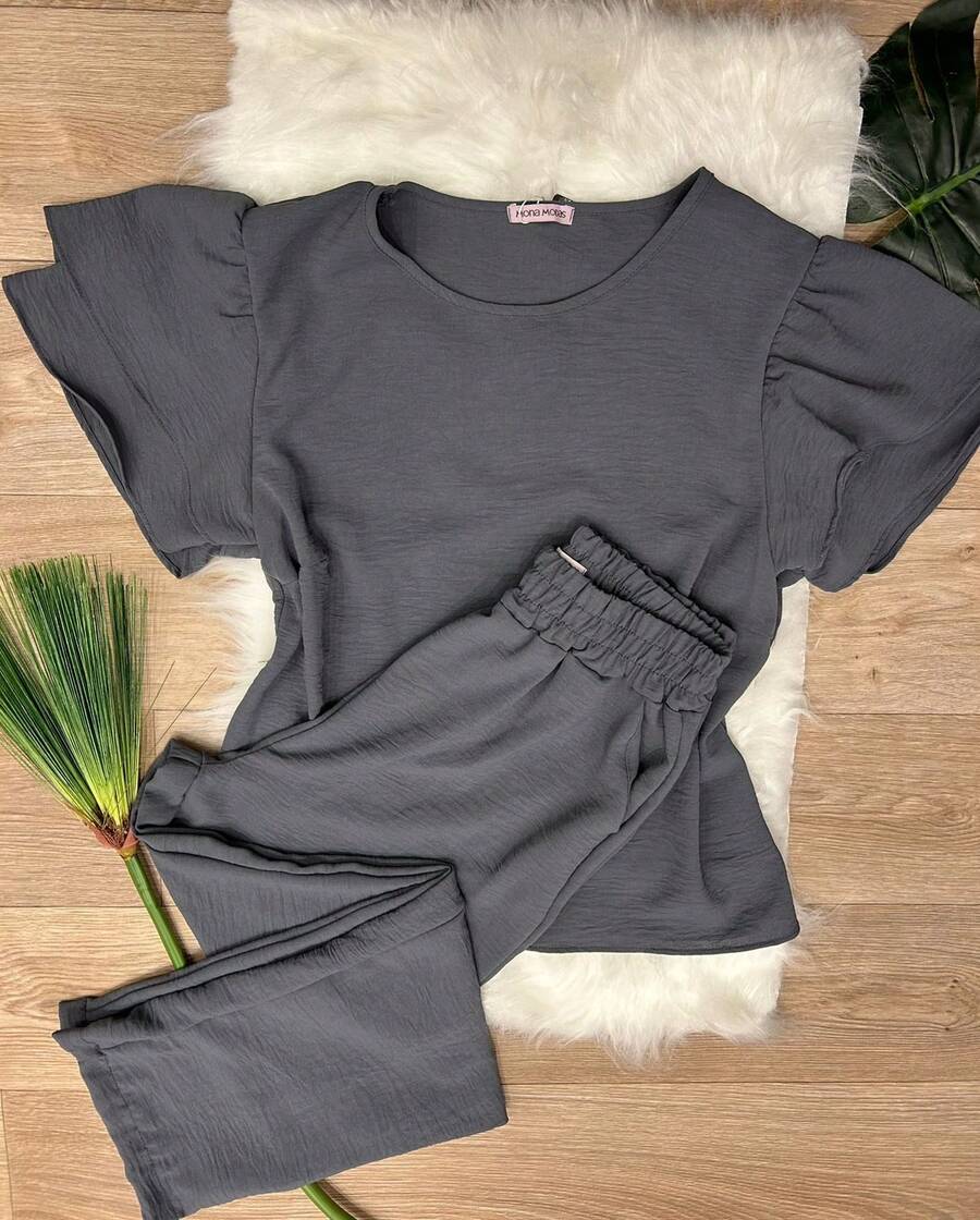 Ruffle Sleeve Blouse And Trousers Set - Màu xám đen - Xem 1