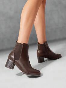 Women's Elastic Gore Chelsea Boots Chunky Block Heel Ankle Bootie With Inside Zippers Perfect For A Year-Round Wardrobe Staple Black And Brown - 棕色 - 查看 7
