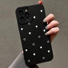 1pc Phone Case: Cute White Heart Pattern Full-Cover Black TPU Phone Case For IPhone 15/14/13/12/11/XS/XR/X/8/7/SE2/SE3/Plus/Pro Max Phone Accsesories Valentines Gifts - 黑色 - 查看 7