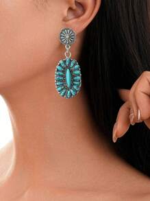 1 par de nuevos pendientes de botón vintage, pendientes colgantes geométricos de turquesa bohemios