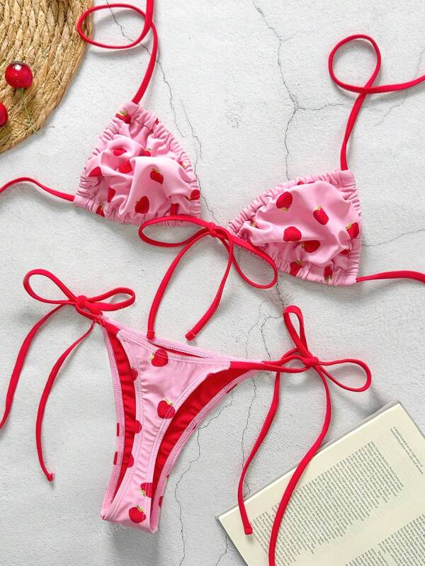 Bikinx Women's Summer Sweet Fruit Print Triangle Tie Bikini Set