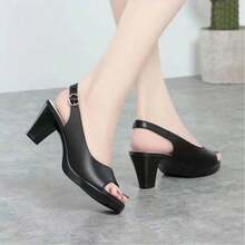 Tacones gruesos con hebillas de cabeza redonda y zapatos vacíos temperamento dama tacones altos boca tacones altos sandalias,Sandalias de tacón para mujer - Negro - Ver 4
