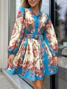 Váy dài vừa phải, cổ tròn, tay lỡ, phong cách Bohemian, cổ điển, thanh lịch, buộc dây, chất lượng cao cho nữ mùa xuân và mùa hè - Màu xanh lam - Xem 3