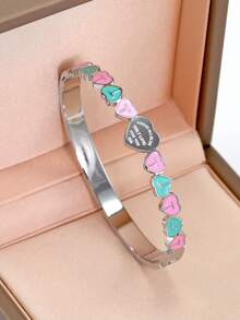 18K镀金316L不锈钢心形手链，适合女性日常佩戴，欧美经典流行款式，镶嵌方晶锆石，大方奢华腕饰，婚礼首饰套装，送给女孩、女士、母亲、亲戚、朋友的礼物，美丽的婚礼、生日、母亲节、女友/情人节 - 彩色 - 查看 7