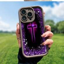 Jesus Cross Themed Phone Case Designed With Elegant Purple Glitter Accents Compatible With IPhone 16 15 14 13 12 And 11 Pro Models And Made Of TPU Protective Material Ideal Choice For Family Friends Young People Birthdays Holidays Boyfriends Girlfriends And Valentine's Day Gifts - 酒紅色 - 查看 8