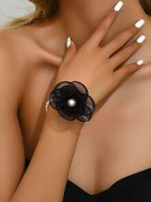 1pc Elegant Chiffon Camellia Flower Pearl Bracelet Headband Set, High-End Women Accessories For Wedding, Party, Holiday Event