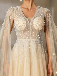 Faeriesty 奢华 V 领串珠晚礼服，搭配加长袖和夸张 A 字裙摆，优雅优雅，适合红毯盛典、黑色领带颁奖典礼、高调婚礼、奢华晚会、正式慈善活动