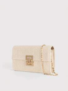 女士扭锁翻盖草编沙滩包链条编织钱包手包