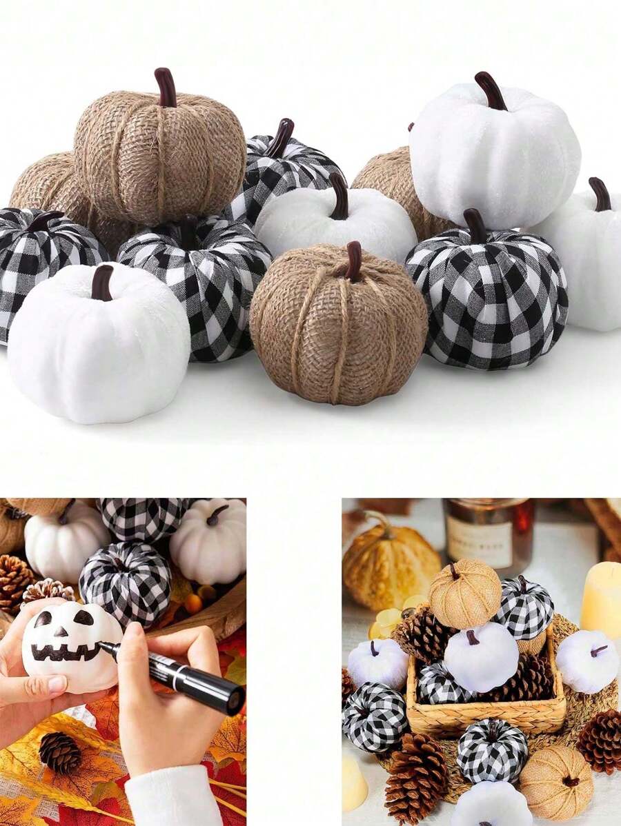 6 件 - 秋季装饰人造南瓜，用于装饰，白色假南瓜，格子布南瓜，用于秋收节感恩节万圣节婚礼的假南瓜装饰，用于家庭餐桌派对房间的粗麻布白色米色南瓜装饰，丰收装饰和展示，派对礼物南瓜，假植物
