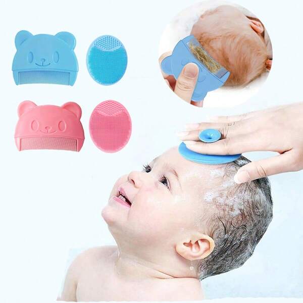 2 piezas Peine de bebé + Cepillo de silicona, Cepillo para el cabello de recién nacidos e infantes para la costra láctea, cepillo de masaje para el baño