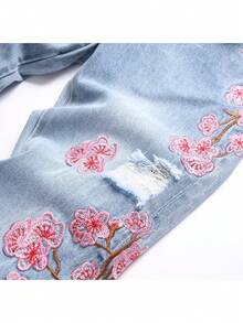 Men's Embroidered Distressed Flared Leg Jeans - Light Wash - View 3