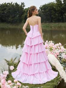 Faeriesty Váy tốt nghiệp bằng vải satin không dây sang trọng với nhiều lớp voan nhún bèo và dây buộc chéo phía sau - Váy trang trọng cho tiệc sinh nhật, tiệc cưới, dạ tiệc và sự kiện tối lãng mạn - Hồng - Xem 2