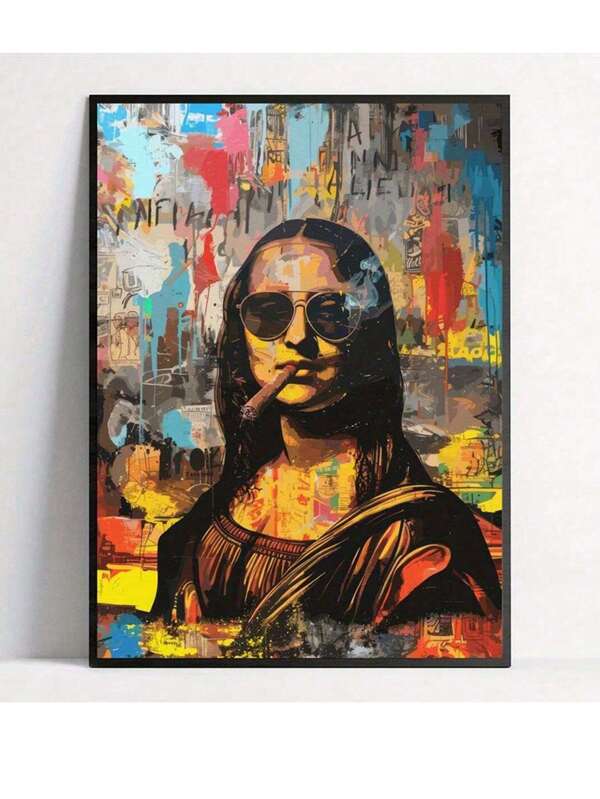 Art Deco Modern Mona Lisa Canvas Print, Fashion Theme Retro Portrait Wall Art, Frameless Ink Artwork, Indoor Hanging Decor Poster For Living Room, Bedroom, Home Office - Basquiat-Inspired Watercolor Design