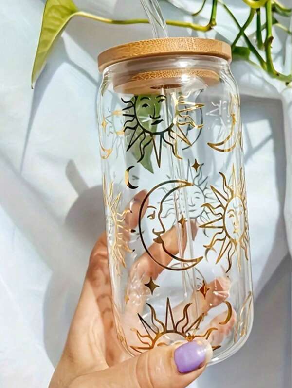 1 قطعة كوب قش بغطاء بشكل الشمس والقمر 16 أونصة/500 مل، باللون الذهبي، كوب زجاجي للقهوة والشاي والعصير والحليب، هدية عيد ميلاد، وعاء مشروبات