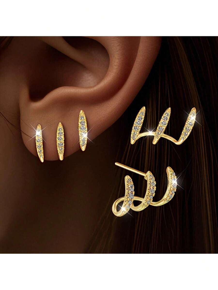 1Pair, Silvery/Golden Color, Women's Claw Set With Super Shiny Synthetic Earrings, Blingbling Dazzling, Exquisite And Lovely, Luxurious And Elegant, Suitable For All Occasions, Perfect Gift For Women - 金色 - 查看 1