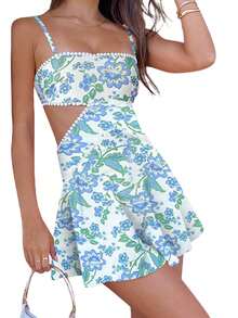 Women Boho Graphic Mini Cami Dress Spaghetti Strap Floral Short Dress Flowy Backless Sling Dress Summer Sundress - Màu xanh lam - Xem 1