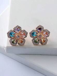 Juran Rhinestone Flower Design Stud Earrings Valentines,Mom,Mother,Mother's Day,Gift - 彩色 - 查看 1