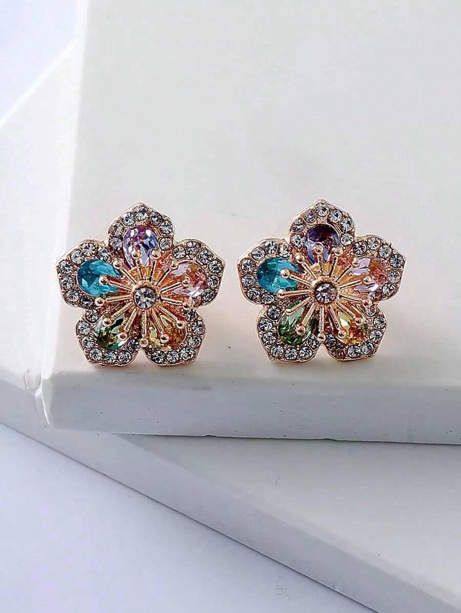 Juran Rhinestone Flower Design Stud Earrings Valentines,Mom,Mother,Mother's Day,Gift - 彩色 - 查看 1