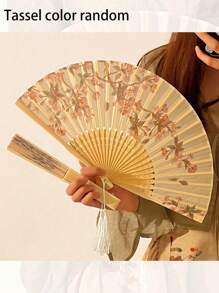 1PC Bamboo Folding China-Chic Small Fan Tassel Flower Props Costume Ancient Costumedance Bamboo Fan,Elegant, Comfortable And Gorgeous Style With Carved Flower Best Gifts Birthday Graduation