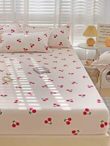 3pcs (1pc Fitted Sheet + 2pcs Pillowcases) New Pink Cherry Print Skin-Friendly Breathable 360° Wrap-Around Fitted Sheet + 2pcs Pillowcases Set, Aloe Cotton Washed Cotton Fitted Sheet With 2 Pillowcases, Soft, Moisture-Wicking, Durable, Fade-Resistant, Antibacterial, Warm Bedding Set For Bedroom, Guest Room, Dorm, Kids Room, All-Season Use