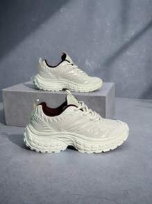 1 par de tenis gruesos y abultados para mujer, con empalme de malla, suave y ligero, color beige sólido, transpirable para uso casual diario y ejercicio, zapatos deportivos de moda