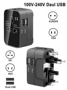 1pc Travel Universal Adapter, Dual USB Ports, 110V-240V Input, Power Adapter For Computer Accessories, Suitable For US/EU/UK/AU Plugs, Surge Protection, All-In-One Wall Charger For Over 150 Countries, Essential For Trips, Laptops, Tablets, Computers - View 2