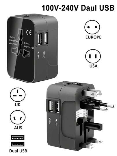 Adattatore universale da viaggio, doppia porta USB, ingresso 110-240 V, adattatore di alimentazione per accessori per computer, adatto per spine USA/UE/UK/AU, protezione da sovratensioni, caricabatterie da muro tutto in uno per oltre 150 paesi, essenziale per viaggi, laptop, tablet e computer.